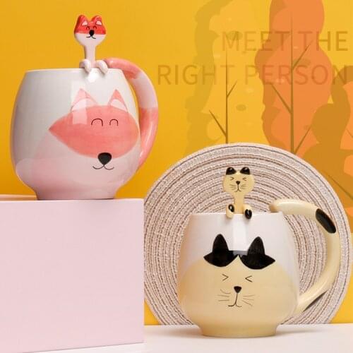 Cat Mug Spoon Fox/Panda/Pig/Bear/Frog Mug Cute Animal Mug For Milk Coffee Cups Drinking Water Coffee Mug