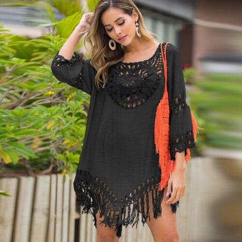 Summer Sexy Cover Ups for Swimwear Women Hollow Out Long Sleeve Cover Up Blouse Tassel Backless Bikini Coverup Loose Cover Ups