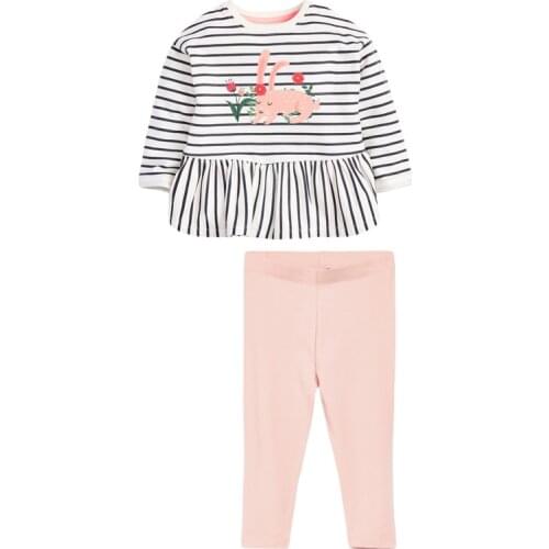 Baby Girls Fall Clothes Autumn Children Set Cotton Two Pieces Suit Toddler Girl Striped Bunny Shirt + Solid Pink Pants 2-7y