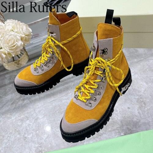 Hot Suede Martin Boots Women Mixed Colors Round Toe Chelsea Boots Woman Lace Up Short Boots Motorcycle Boots Wool Winter Boots