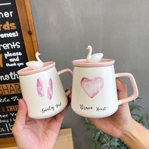 Sweet Pink Ceramic Mug Lovely Swan With Lid Large Capacity Porcelain Cup Home Office Milk Coffee Water Cups Gifts