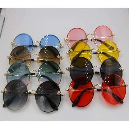 Gold metal bee vintage sunglasses luxury brand designer womens sun glasses pink mirror points rimless round sunglasses male