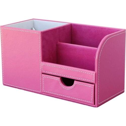 XRHYY Hot Pink 3 Storage Compartments PU Leather Office Desktop Organizer Stationery Box Collection Business Card/Pen/Pencil