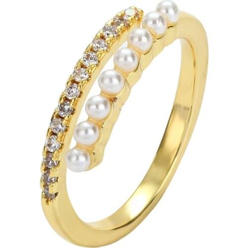 Womens gold cz rings Pearl copper zirconia open adjustable rings simple initial jewery Engagement wedding rings for women