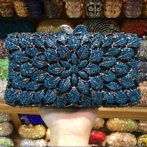 Sparkling Gold silver Crystal Women Evening Purse blue Clutch Bag Bridal Wedding Party Handbags Hollow Out Metal Sparkling Gold