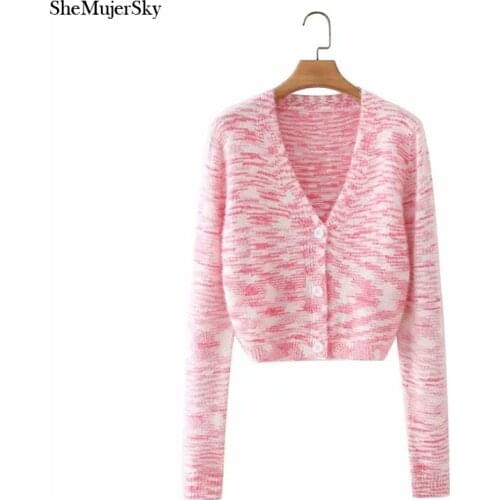 SheMujerSky Women Knitted V-neck Pink Cardigans 2021 Autumn Single Breasted Sweaters sueters de mujer