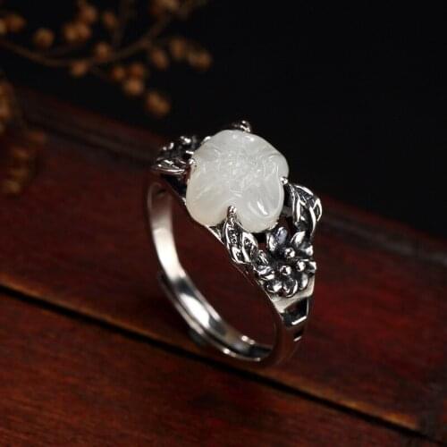 2018 Direct Selling Sale Women Anel Feminino S925 Sterling Retro Thai Natural Hetian Mosaic Lotus Lady Opening Ring Wholesale