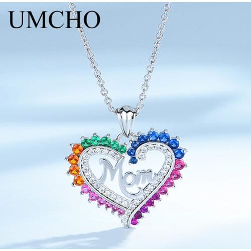 UMCHO 925 Silver Colorful Mom Heart Nceklace Real Sterling Silver Pendants Necklaces For Women Mothers Day Gift With Chain