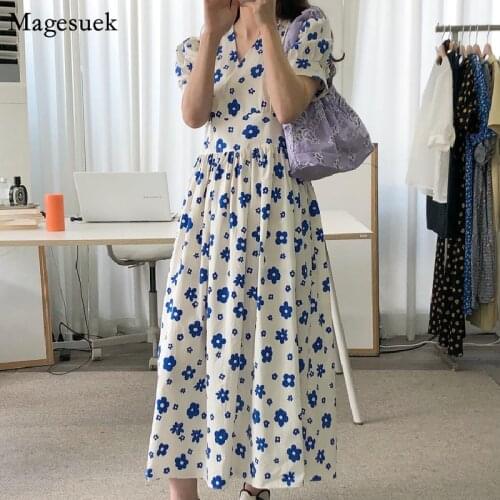 Korean Chic Summer Floral Dress Women Elegant V-neck Pleated Puff Sleeve Print Dress Plus Size Loose Long Dresses Vestidos 15167