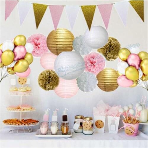 1 Set Hanging Decoration Gold Pink White Party Tissue Pom Poms Paper Lantern Glitter Banner Baby Shower Birthday Wedding Favor