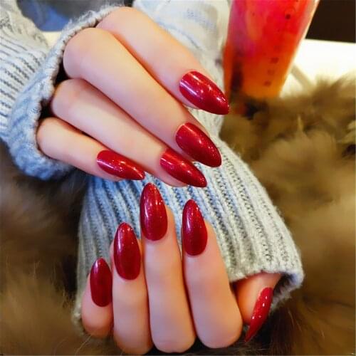 24pcs Red Wear Long Paragraph Fashion Manicure Patch False Nails Save Time Wearable Nail Patch DL