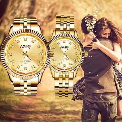 NARY Watch Luminous Pointer Waterproof Golden Rhinestone Scale Couple Watch Watches Quartz Wristwatch Stainless Steel Band Clock