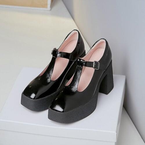 Black white platform pumps T-strap patent leather thick high heel shoes burgundy chunky mary jane parkside block pumps women