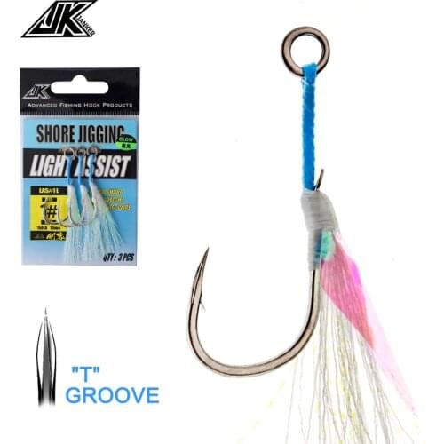 JK LAS-L Shore Jigging Light Assist 3X Jig Hooks Sea Carbon Japan PE Line Fishhook Glow Silk Fish Hook Lure Fishing Tackle