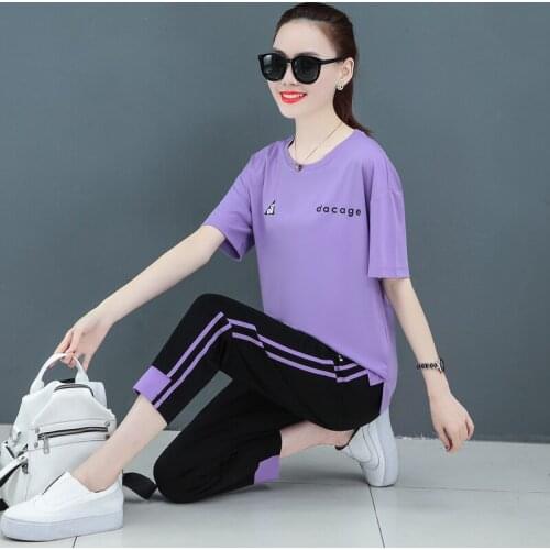 Summer loose Womens tracksuit fashion casual two piece set top and pants spring summer plus size year-old female costume