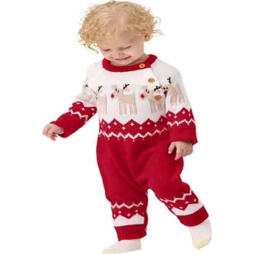 0-18M Newborn Baby Cute Christmas Rompers Infant Winter Warm Knitted Long Sleeve Elk Printed Jumpsuit One-Pieces for Boys Girls