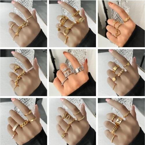 Punk Finger Ring Set for Men Women Snake Flower Butterfly love Gothic gold Color Jewelry Gifts
