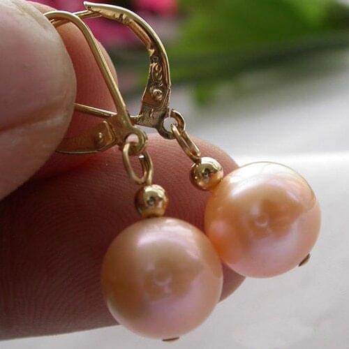 New Arrival Favorite Pearl Jewelry Huge AA++ 11mm Pink Color Freshwater Pearls Gold Color Dangle Earrings Charming Lady Gift