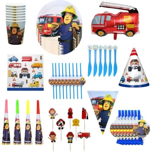 Fireman Sam party Disposable tableware Paper Plate Cup Napkin straw Banner Fire Engine Fighter Theme kids birthday party decor