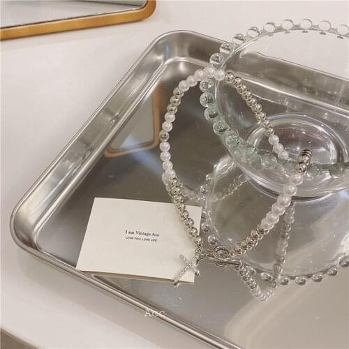 Origin Summer Round Beaded Simulation Pearl Cross Pendant Necklace for Women Asymmetry Rhinestone Toggle Clasp Necklace Jewelry