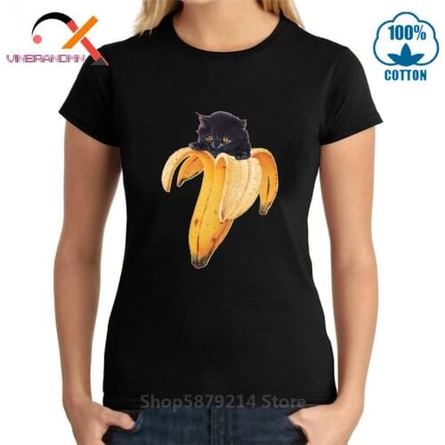 Vintage Camiseta Banana Kitty cat T shirt Woman girl Kawaii Kitten cat banana T-shirt kids Cute parody moew cat Tees for lady