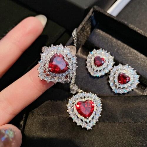 Vintage Palace Heart 925 Silver Red Crysta Earrings Pendant Necklace Bridal Jewelry Set Bling Zirconia Wedding for Brides