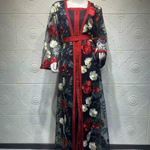 Embroidery Mesh Abaya Set Dress Dubai Arabic Turkish Noble Kaftan Long Dress Muslim Islamic Women Clothing African Clothes 2021