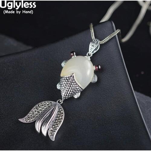 Uglyless Vivid Goldfish Pendants Necklaces NO Chains Hollow Vines Fish Necklaces 925 Silver Animals Chalcedony Fishes Jewelry