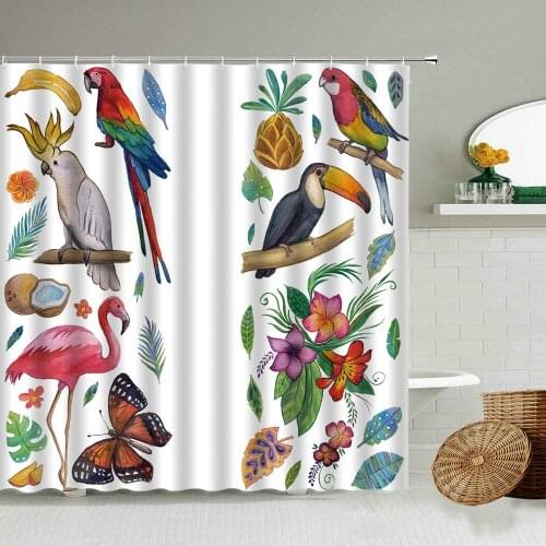 Fun Animal Parrot Flamingo Bird Pattern Shower Curtain Summer Tropical Plant Flowers Bathroom Waterproof Screen Home Decoration