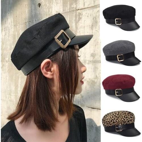 Women Black Military Hats Autumn Winter Fashion Wool Pu Leather Patchwork Newsboy Caps With Belt Female Gorras Ladies Beret Hats
