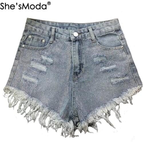 ShesModa Light Rhinestones Denim Ripped Jeans Tassles New Womens Shorts with Pocket
