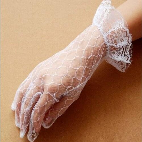 Bride Wedding Gloves White Short Design Lace Gauze Transparent Women Gloves 2021 UV-Proof Summer Women Fishnet Mitten