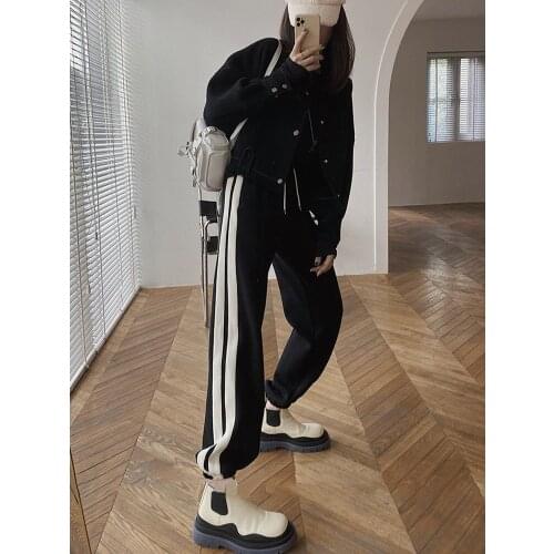 CX 2021 New autumn women high waist ankle banded pants loose joker show thin black Casual Draw string stripe sport pants