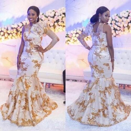 2021 Aso Ebi Style Evening Dresses With Gold Appliqued One Long Sleeve Mermaid Prom Dress Custom Made Plus Size Arabic Evening