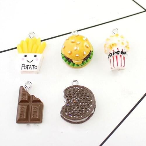 10pcs 3D Hamburger Popcorn Chocolate Resin Charms DIY Fit Bracelets Food Acrylic Pendant Jewelry Accessories Keyring YZ396