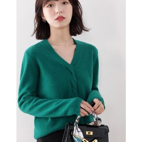 100% Australian Wool Knitted Pullovers Women Knitwears Vneck Soft Thicker Warm Sweaters Ladies Long Sleeve Jumpers 3Colors