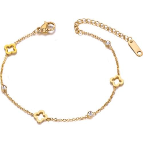 Stainless Steel CZ Crystal Flower Plant Charm Bracelets For Women Girls Rose Gold Chain & Link Bracelet Jewelry B19114