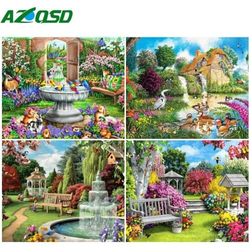 AZQSD Diamond Mosaic Cross Stitch Landscape Needlework Gift 5D DIY Diamond Embroidery Garden Picture Of Rhinestones