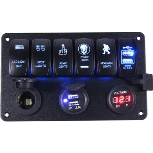 Car Switch Panel 6 Gang LED Voltmeter Dual USB Charging Socket 12V 24V Charging Adapter For Yatch Boat Marine Bus Camper Truck