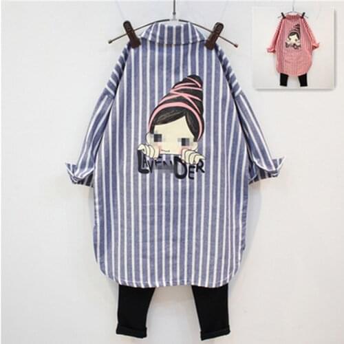 Childrens clothing spring autumn child vertical stripe medium-long low-high turn-down collar child shirt