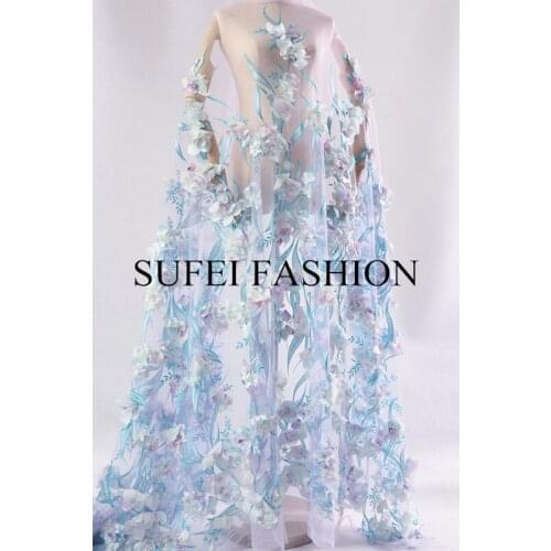 Quality 130CM Light Purple Blue Three-dimensional Floral Applique Embroideried Net Lace Wedding Evening Dress fabric S259