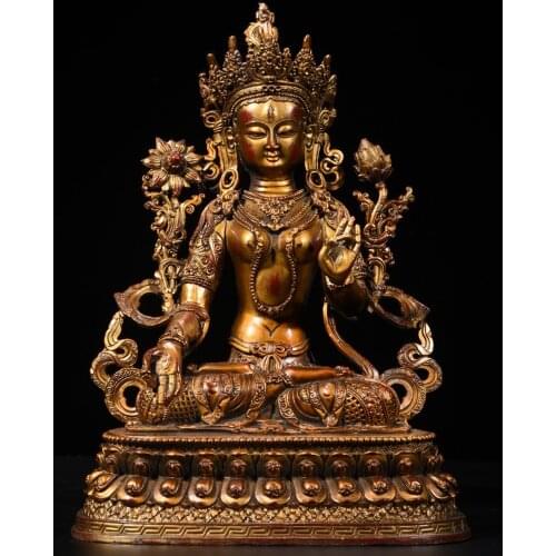 12"Tibet Temple Collection Old Bronze Cinnabar Lacquer Seven Eyes Tara Bodhisattva Sitting Buddha Ornaments Town House Exorcism