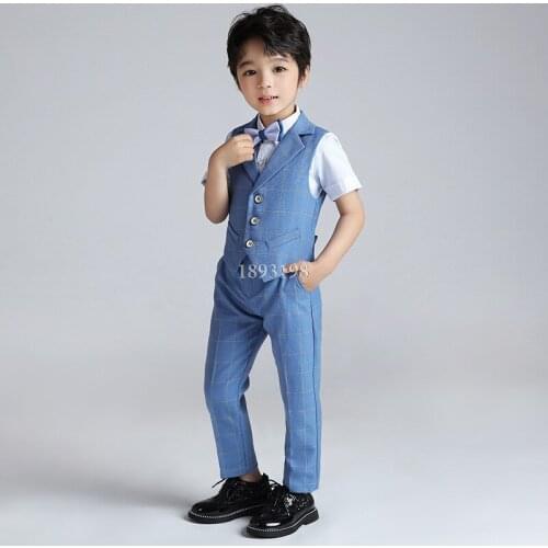 Childrens Summer Plaid Suit Set Flower Boy Wedding Host Piano Costume Kids Vest Shorts Clothing Sets