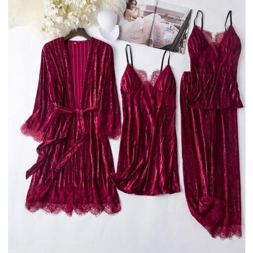 Lady Bling Stripe 4PCS Kimono Robe Gown Sets Sexy Lace Trim Intimate Lingerie Sleepwear Lounge Autumn Winter Velour Home Wear