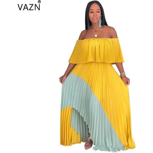 VAZN summer 2019 hot sale women fashion short sleeve card shoulder dresses holiday wind yellow floor-length long dresses ME297