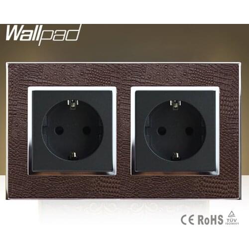 Wallpad Luxury Double 16 Amp European Socket Goats Brown Leather 220V 146*86mm 16A EU Wall Socket Free Shipping