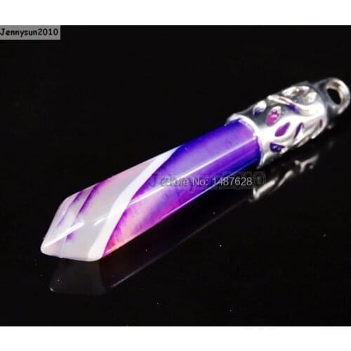 Natural Purple Stripe Ag-ate Gems Stones Long Hexagonal Pointed Healing Reiki Chakra Pendant Beads Necklace Earrings 10Pcs/Pack