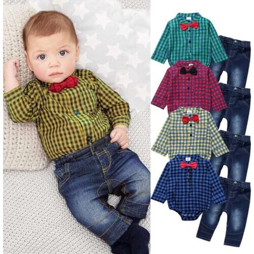 New Wholesale Gentleman Plaid T-Shirt+Jeans Toddler Kid Bodysuit Set For Baby Boy For Newborn Romper Clothes Set Infant 6-24M