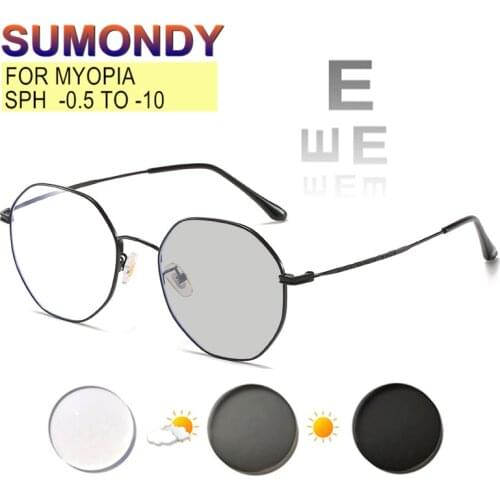 SUMONDY Nearsighted Glasses Prescription -0.5 to -10 Women Men Alloy Frame Myopia Spectacles Photochromic Blue Light Proof UF117