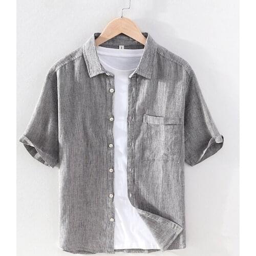 2021 New short-sleeved stripe cotton and linen shirt men brand casual fashion shirts for men camisa chemise tops mens clothing